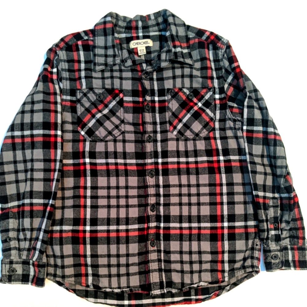 Cherokee Black/Red Plaid Button Down Shirt Sz 8/10